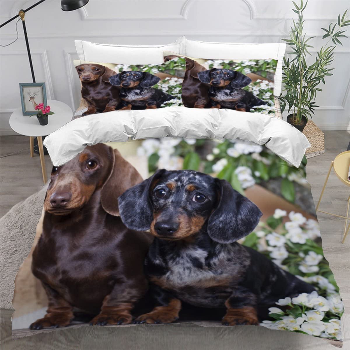 Small Double Duvet Cover Set and Pillowcases Dax hound spring flower Dog Bedding Soft Microfiber Double Size Bedding Set with Zipper Closure Bedding 3 Pieces — image 1