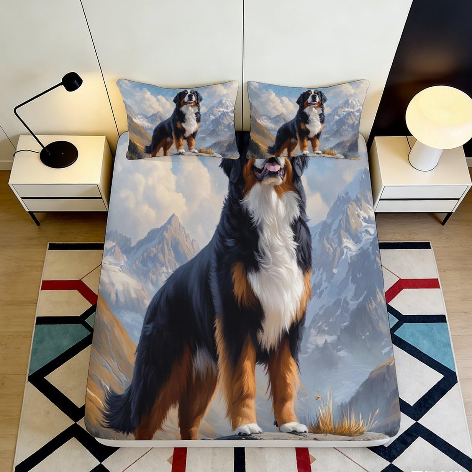3D Printed Mountain Bernese Dog Fitted Sheet Microfiber Non-slip Bed Sheet for Bedroom Guest Room Decor 90x200x25cm