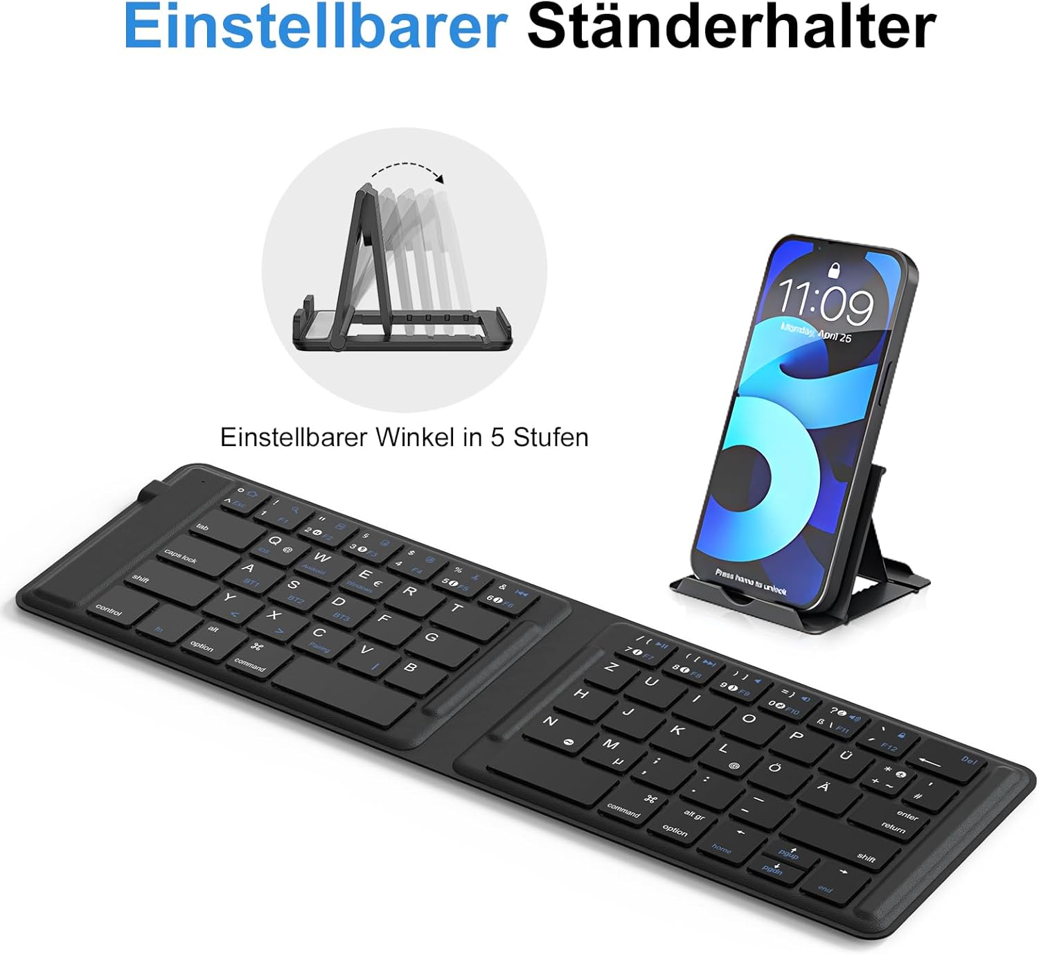OMOTON Foldable Wireless Bluetooth Keyboard with an adjustable phone stand and a smartphone.