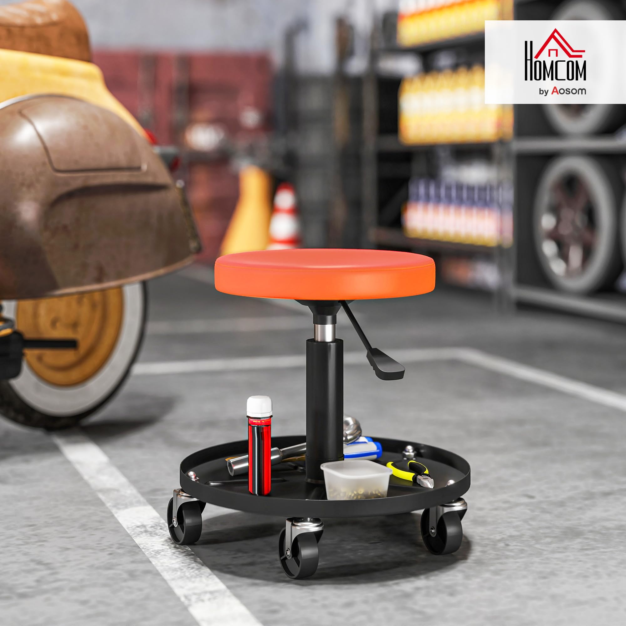 HOMCOM Tabouret d'atelier 5 roulettes 360° Hauteur Réglable 38-50 cm Orange | Tabouret de Mécanicien, Plateau à Outils, Siège d'Atelier pour Garage, Charge Maximale 135 kg
