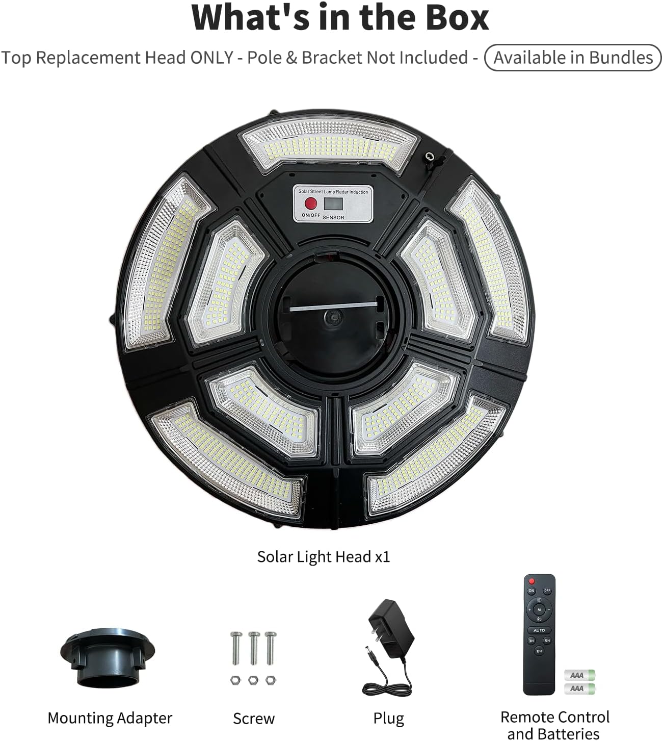 Solar Lamp Post Light Replacement Head, Outdoor Waterproof, 750 LED 2800LM Downward Floodlight, Fits 2 3/8 & 3-inch Poles, Motion Sensor & Remote, All-Season Dual-Charge, Dusk to Dawn