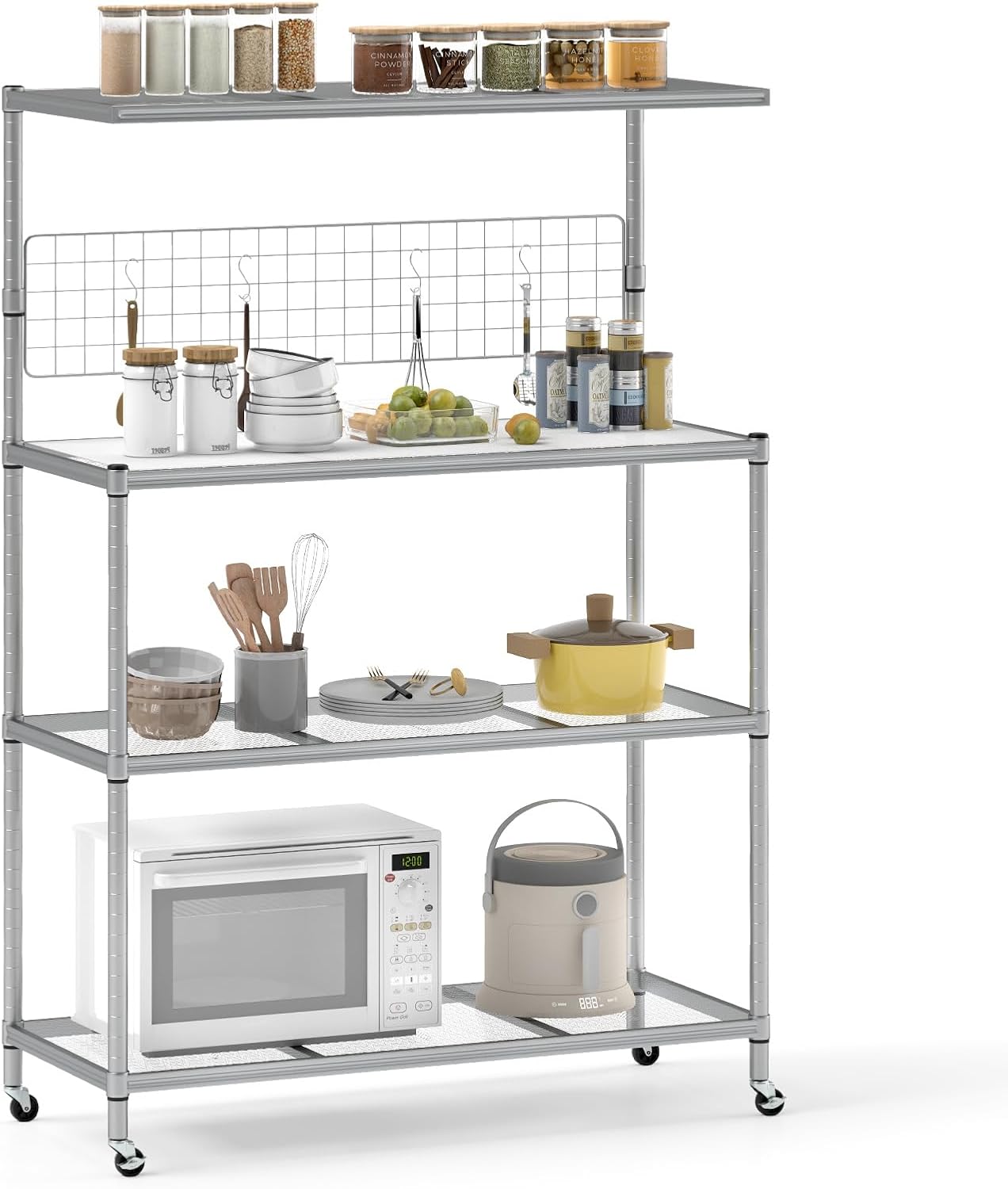 GOFLAME Kitchen Bakers Rack on Wheels, 4-Tier Microwave Stand with Adjustable Shelves, Hanging Grid Panel and 4 S-Hooks, Heavy-Duty Metal Coffee Bar Table for Kitchen, Dining Room