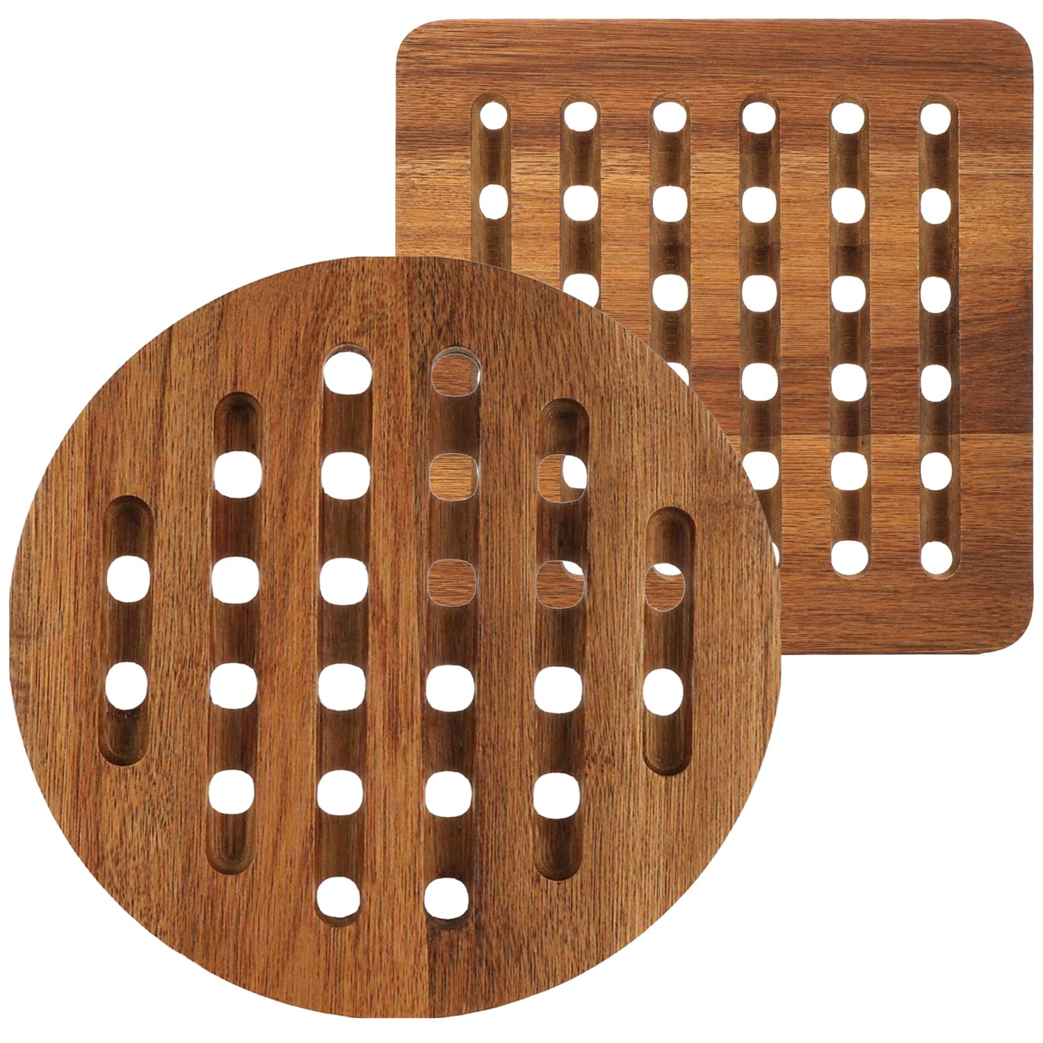 com-four® 2x acacia wood trivet, durable heat protection for pots, pans, baking dishes and plates (2x Acacia - round/square)