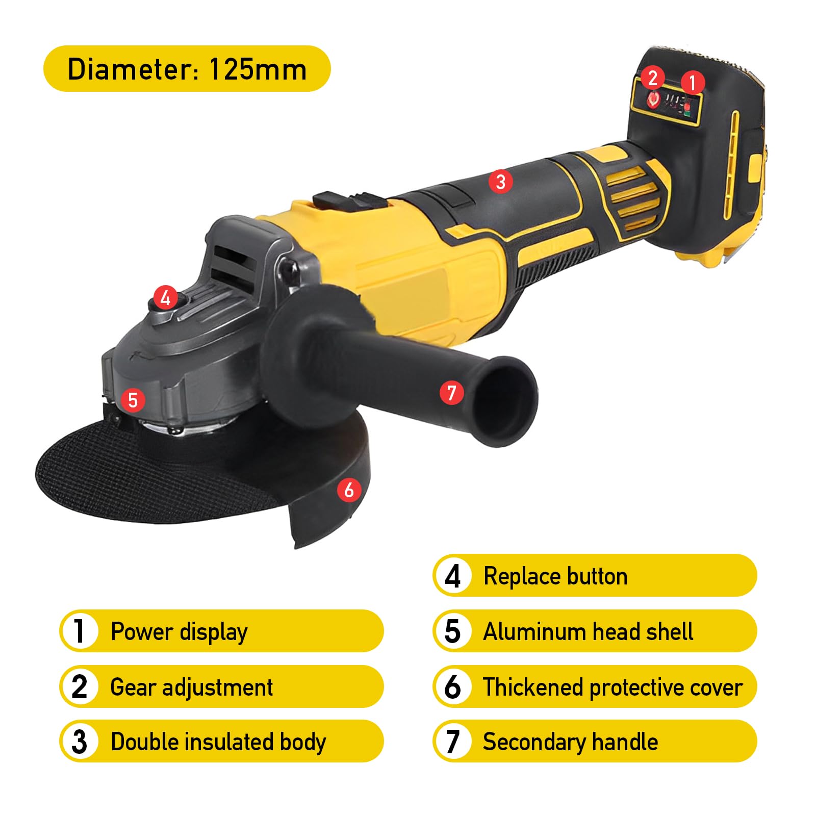 Bezprzewodowa szlifierka kątowa, bezszczotkowa szlifierka kątowa, kompatybilna z akumulatorem Dewalt 20 V, 125 mm, 10000 obr./min, profesjonalna elektryczna szlifierka kątowa z pomocniczym uchwytem