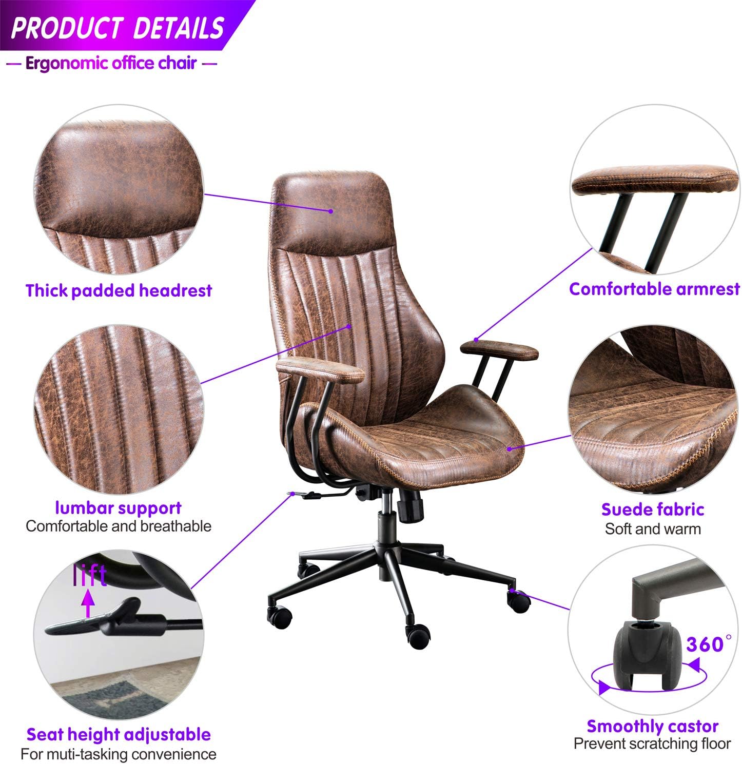 ovios Ergonomic Office Chair,Modern Computer Desk Chair,high Back Suede Fabric Desk Chair with Lumbar Support for Executive or Home Office (Dark Coffee) : Home & Kitchen