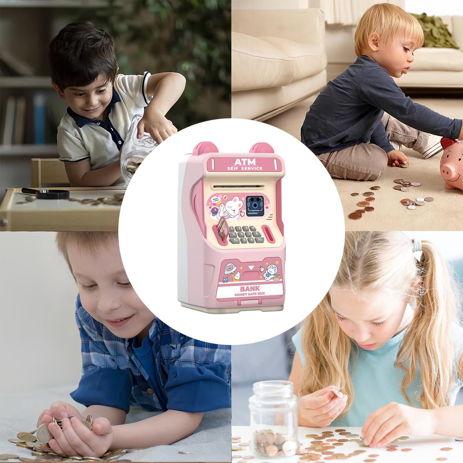 Salvadanaio Bancomat - ABS 25,5 x 13,5 x 13,0 cm | Elettronica con musica e riconoscimento facciale | Banca ATM con avvolgimento automatico per banconote e monete tipo bambini 3+ anni casa