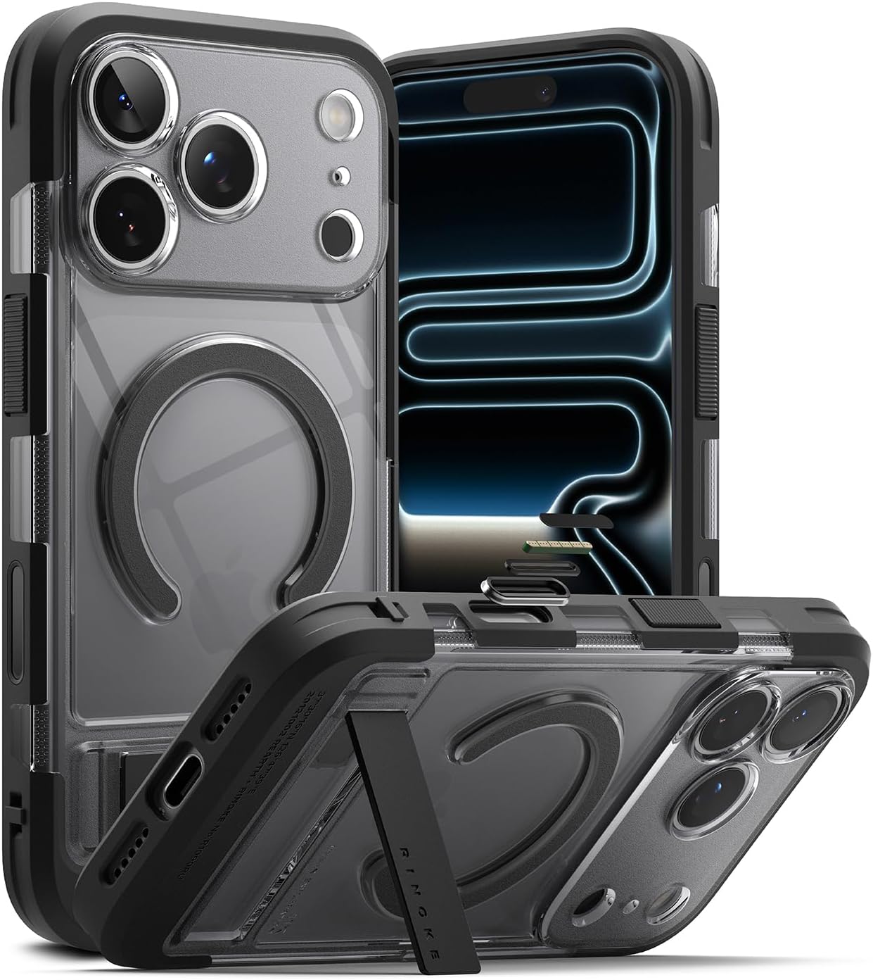 Ringke UX Magnetic for iPhone 17 Pro Max Case, [Compatible with MagSafe] Rugged Cover with Stainless Steel Kickstand, Powerful Magnet - Smoke Black