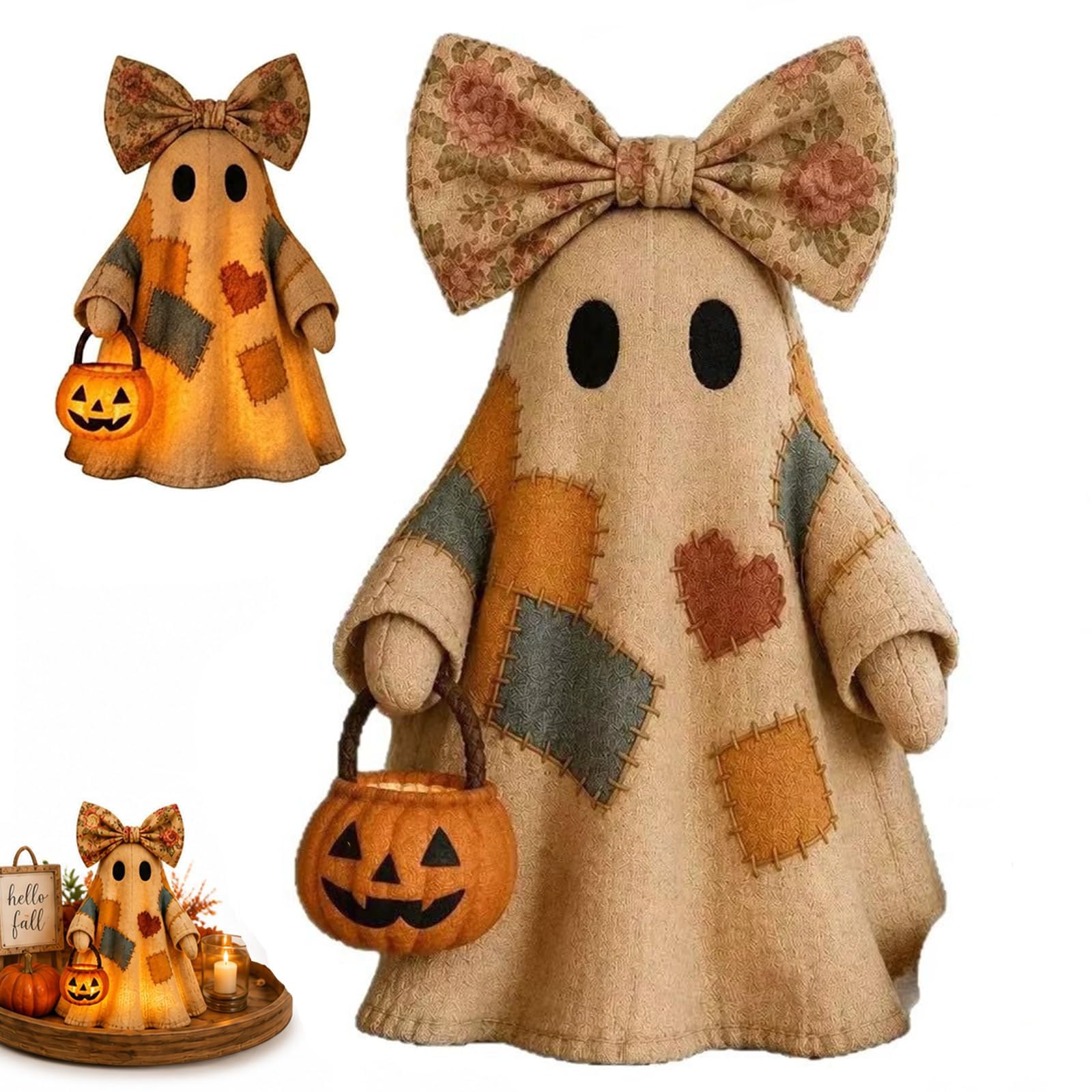 Lighted Vintage Patchwork Ghost Halloween Decor- LED Ghost Tabletop Figurine & Solar Garden Stake Lights, Rustic Spooky Pumpkin Lantern, Cosy Mantel Centrepiece For Indoor Outdoor(Resin version)