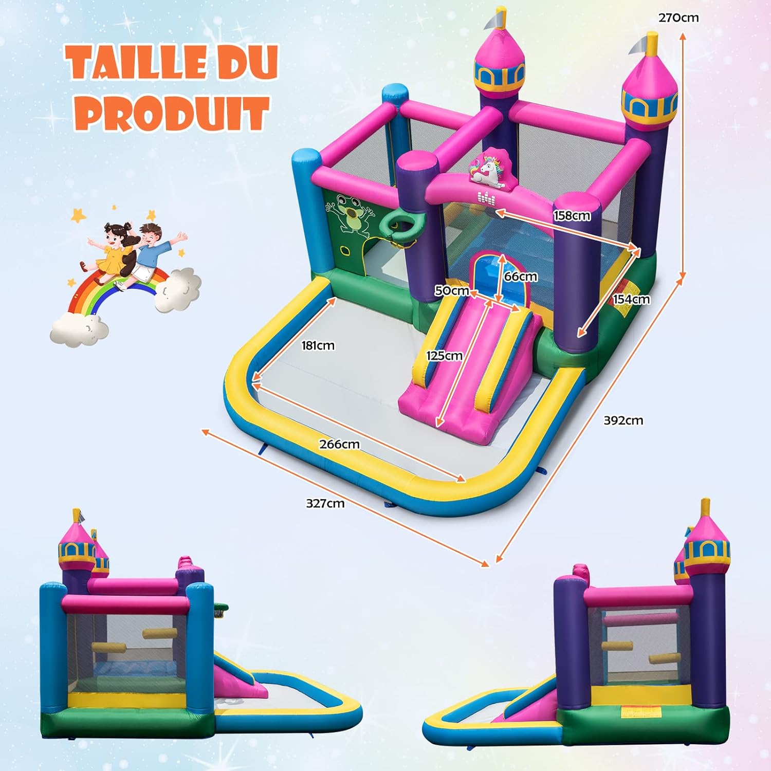 COSTWAY Kids Inflatable Castle with Portable Slide, Inflatable Structure Indoor Outdoor with Carry Bag and Inflatable Castle Stakes (with 680W Inflator)…