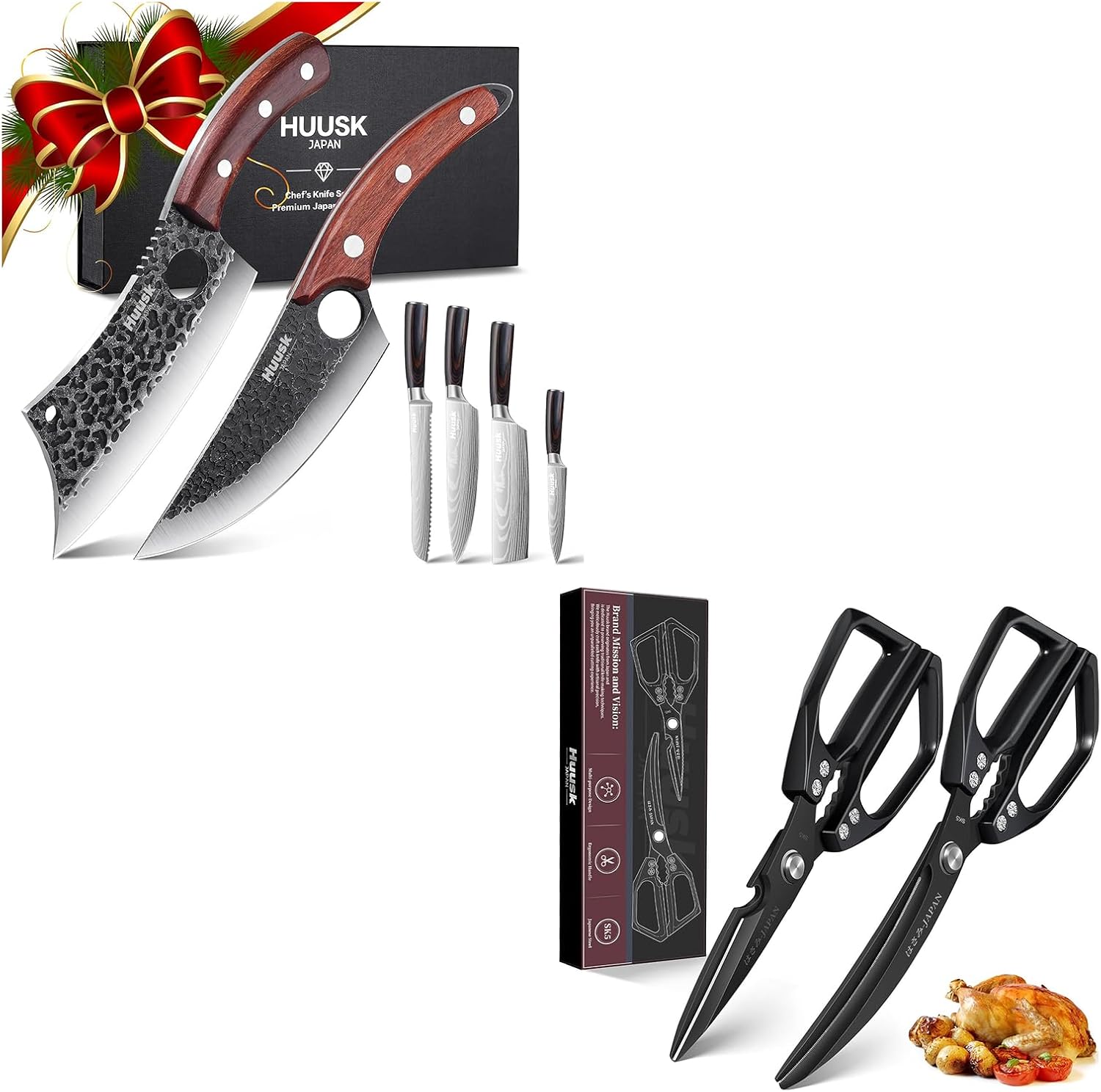 Huusk Kitchen Scissors Set Black - Stainless Steel Shears Bundle with a Kitchen Knife Set with Gift Box, Sharp Meat Scissors Dishwasher Safe, Heavy Duty Poultry Shears all Purpose