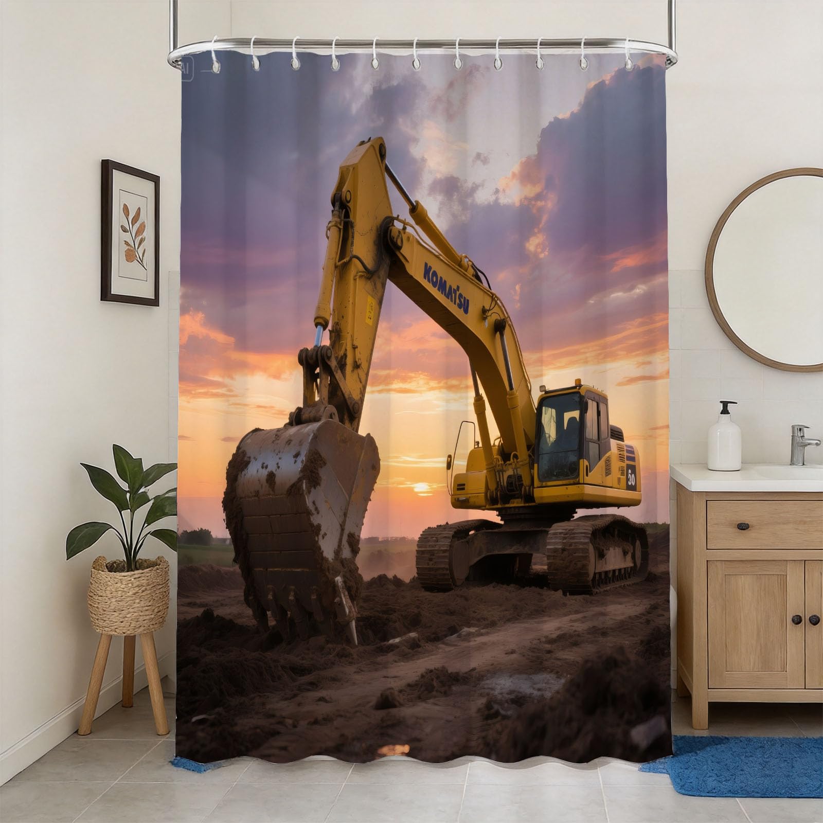 Hongduo 3D Excavator Shower Curtain for Stalls Bathtubs Construction Machinery Bathroom Decor Shower Curtain Set Polyester Fabric Waterproof 180x180cm/71X71 Inch with Hooks