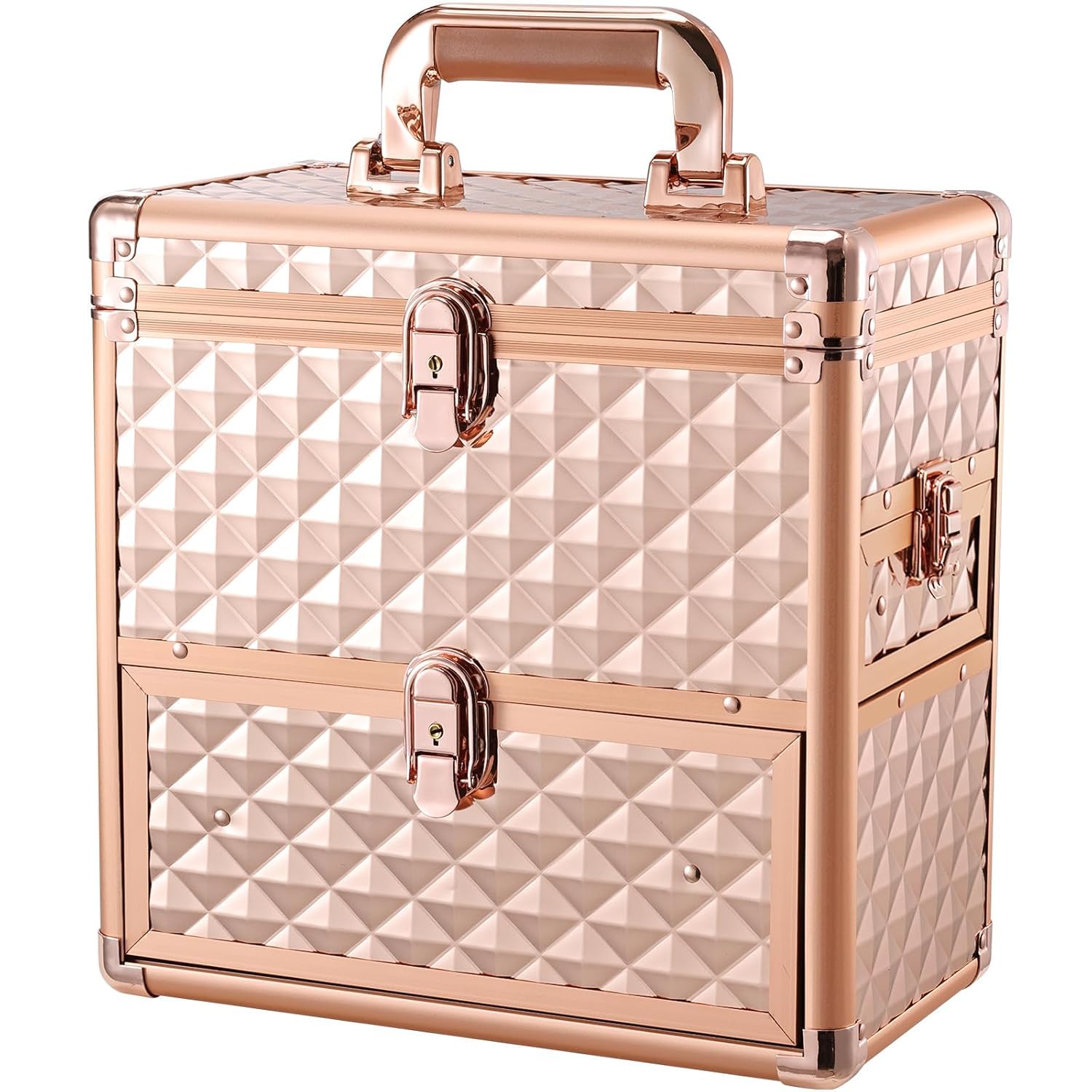 Large Vanity Case Makeup Box Nail Technician Case Nail Polish Organiser Beauty Case with Drawers Nail Storage Organiser Box Lockable for Nail Art, Makeup Trools, Cosmetics (Rose Gold)