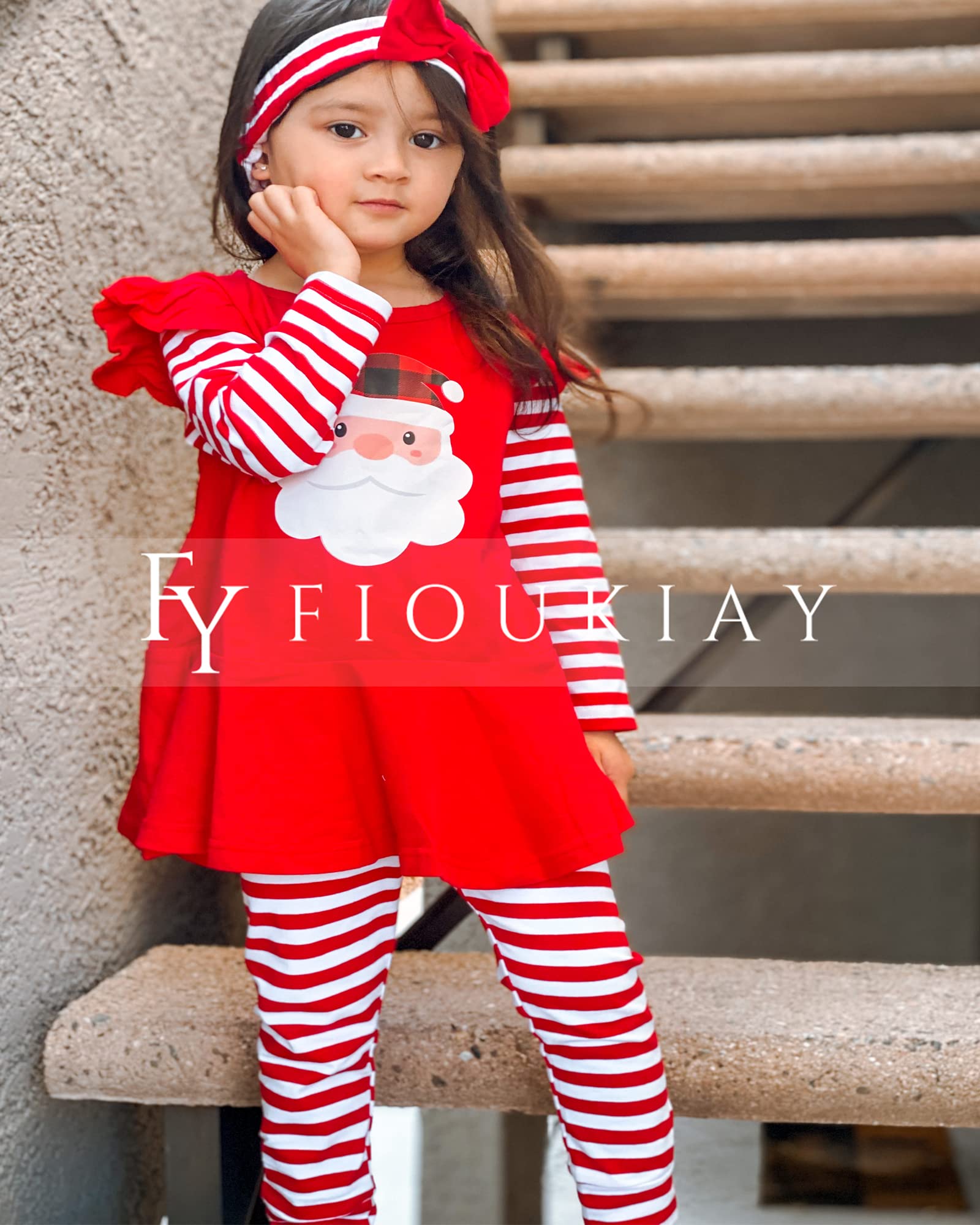 fioukiay Christmas Outfit Toddler Baby Girls Santa Claus Ruffle Tunic Top Striped Pants Fall Winter Clothes Set (Red, 2T)
