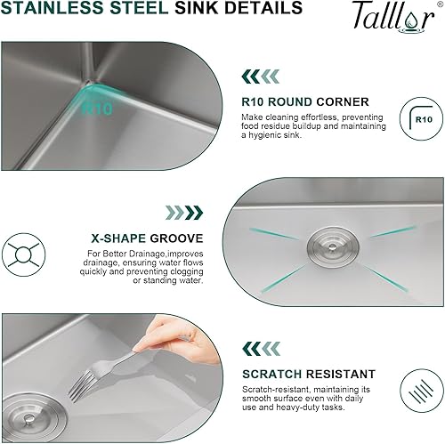 Miniatura 5 de Talllor - Fregadero de cocina con 25 lavabo de acero inoxidable para montaje superior, hecho a mano, grande, profundo, calibre 16, 25 x 22 x 9