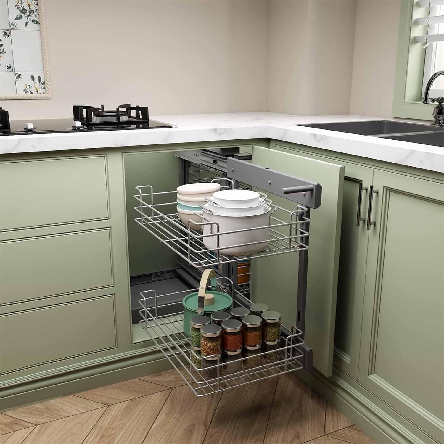 Blind Corner Pull Out Organizer - Kitchen Cabinet Pull Out Shelves, Sliding Drawer Storage, Corner Built-ins Basket, for Home(Right Door,900 Cabinet) (Left Door 800 Cabinet)