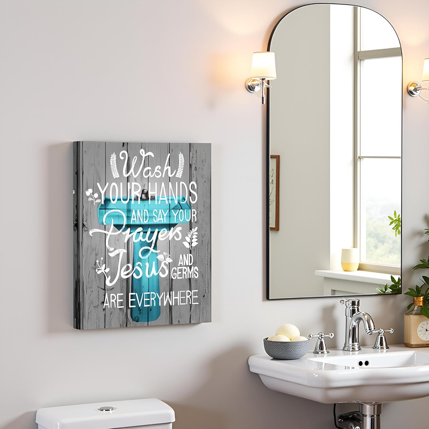 FuShvre Teal Bathroom Wall Decor Jesus and Germs Are Everywhere Picture Prints on Canvas Toilet Washroom Painting 16"x20" Ready to Hang