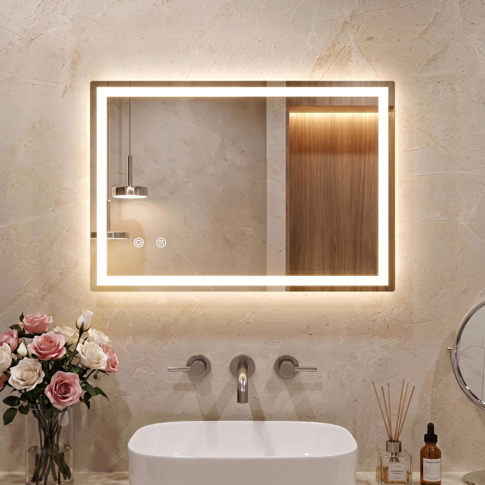 Clevich Badspiegel mit Beleuchtung 70×50 cm, LED Spiegel mit 3 Lichtfarben Dimmbar, Gehärtetes Glas Explosionsschutz, Touch-Schalter, Memory-Funktion, Beschlagfrei, Badezimmerspiege mit Licht