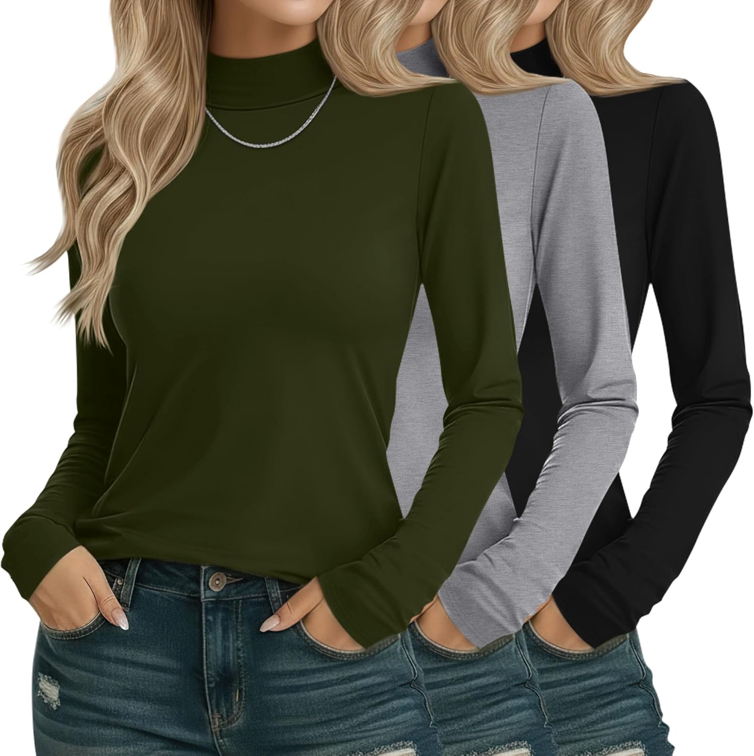 3 Pack Cotton Women's Mock Turtleneck Shirts Long Sleeve Mock Neck Tops Casual Pullover Basic Tees Undershirt