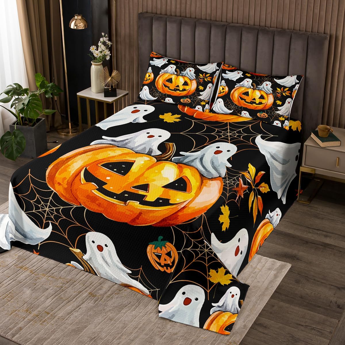 Erosebridal Gothic Bedspread Set, Horror Pumpkin Lantern Coverlet Set Queen Spooky Dark Shadows Castle Quilted, Orange Halloween Lights Decor, Vintage Skeleton Halloween Decor