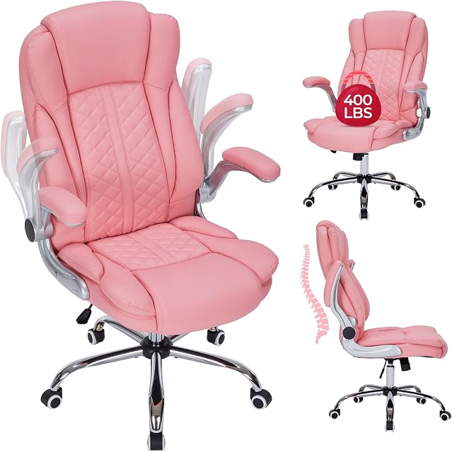 400lbs Executive Big and Tall Office Chair with Flip Up Armrests, Heavy Duty Ergonomic Comfy Office Chair, Computer Chair with Breathable PU Leather (Pink)