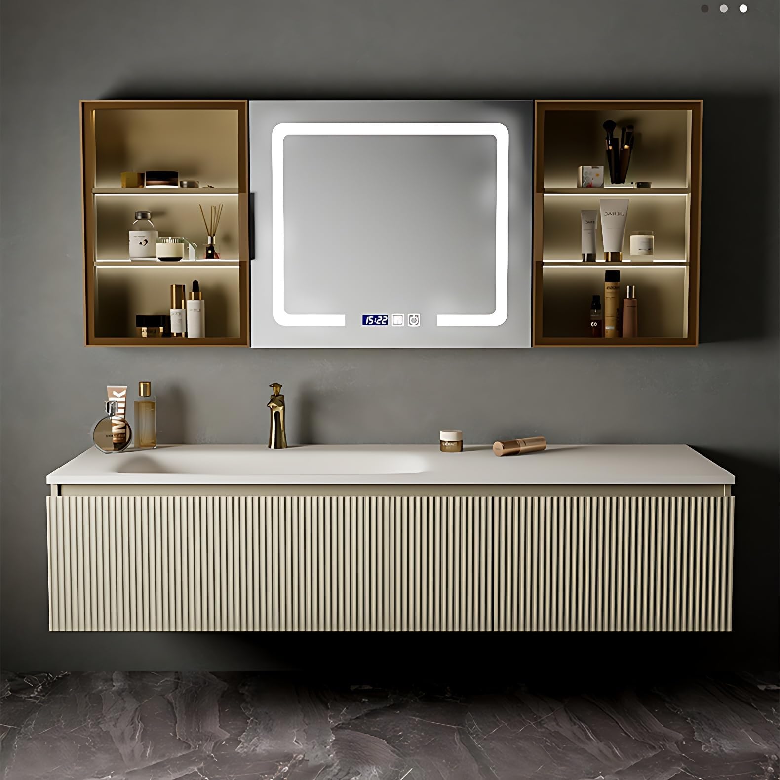 Bathroom Vanity - Stylish Bathroom Vanity with Sink Include Smart LED Defog Mirror ＆ Large Capacity Cabinet, Floating Solid Wood Bathroom Vanity (32''), Light Gold