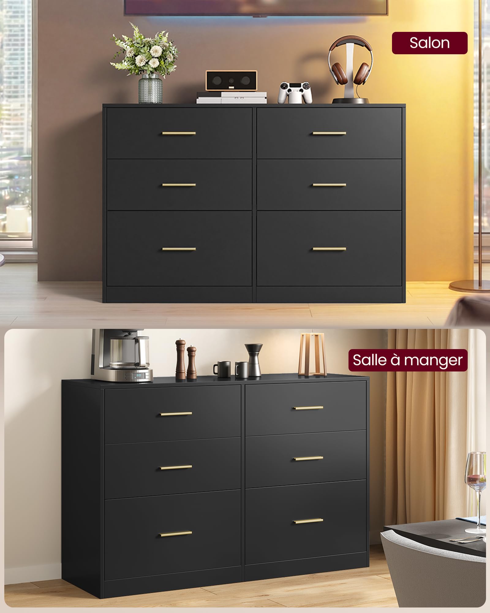 VASAGLE Custos Collection - Commode de Chambre, Armoire à Tiroirs pour Dressing, Style Moderne, Meuble TV pour Salon, 6 Tiroirs, 40 x 119 x 78 cm, Noir d'encre LTS416BC01