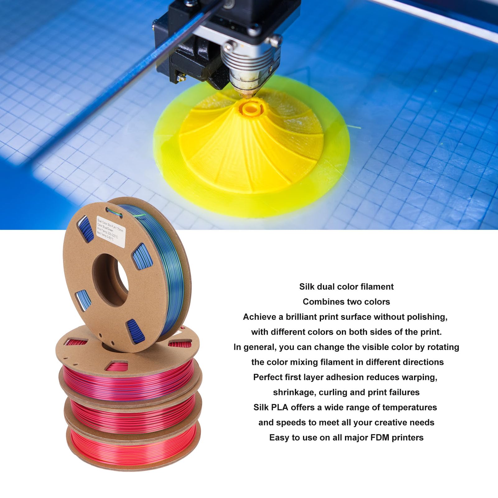 Jedwabny Dwukolorowy żarnik Kreatywny Pakiet Drukarki 3D Filament PLA 1.75mm Czerwony Złoty Czerwony Zielony Niebieski Niebieski Zielony dla Projektów DIY
