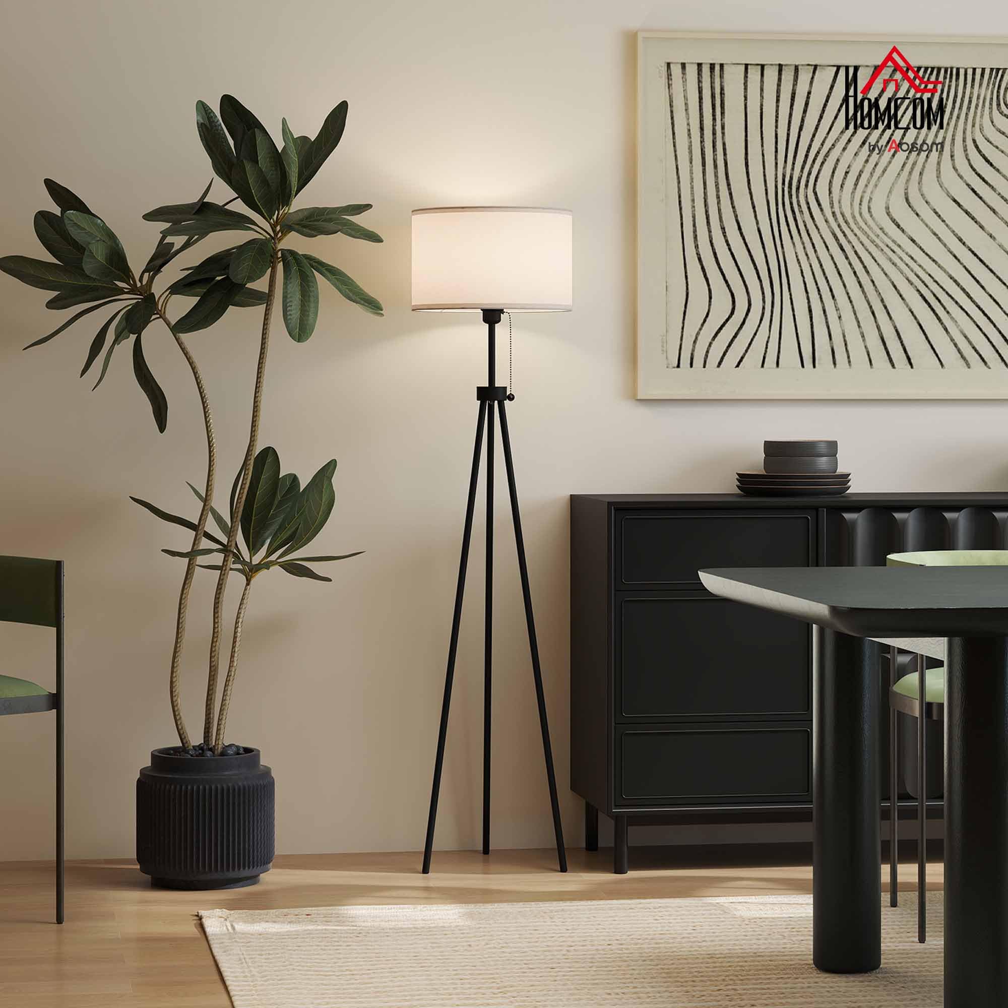 HOMCOM Lámpara de Pie Moderna Lámpara de Pie Salón con Pantalla Redonda Trípode y Casquillo E27 Lámpara para Dormitorio Sala de Estar Blanco y Negro