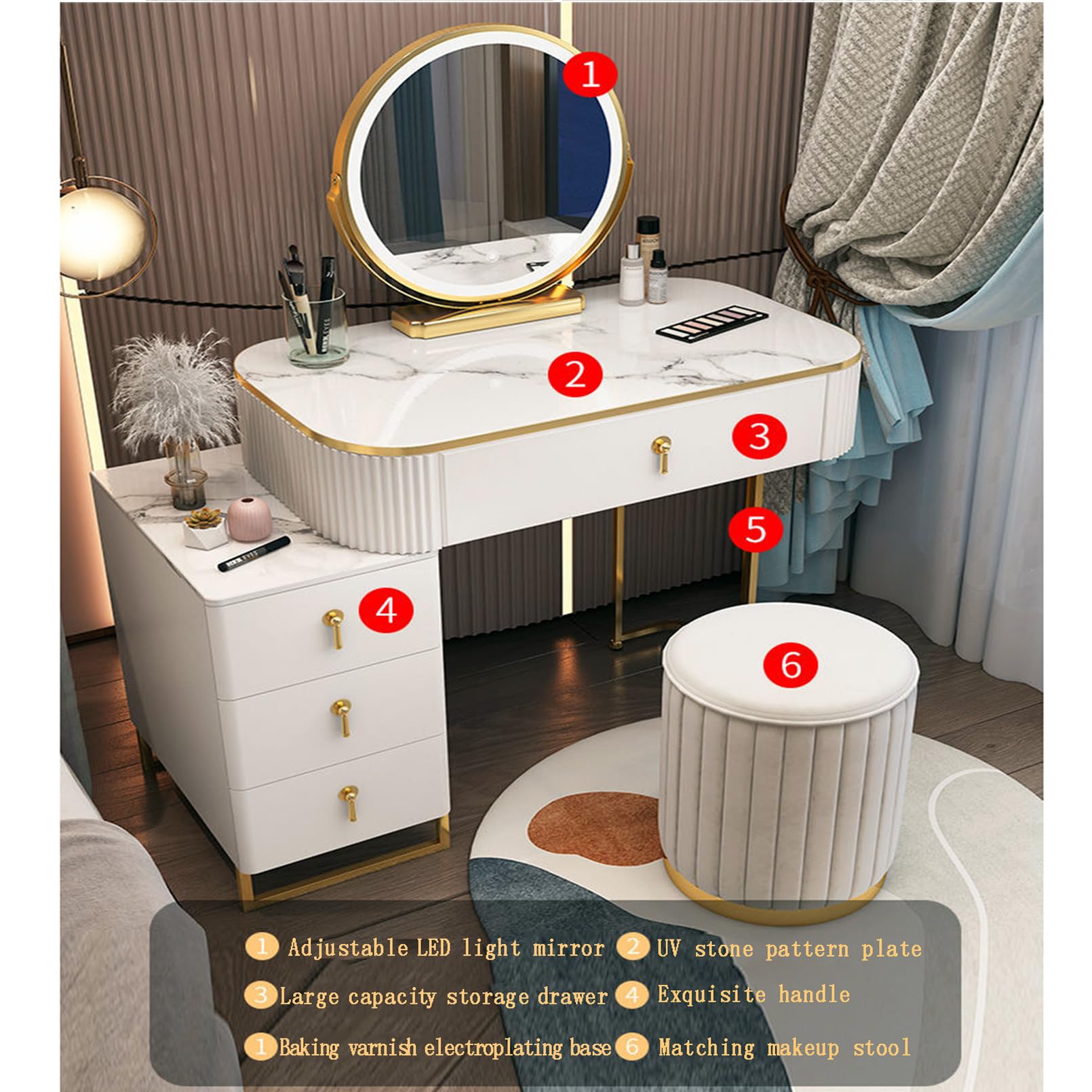 Set da trucco girevole a 360° con luci, cassetto, sgabello, specchio, tavolo da toeletta dal design moderno, ideale per gli amanti del trucco, stile nido d'uccello, 50 cm