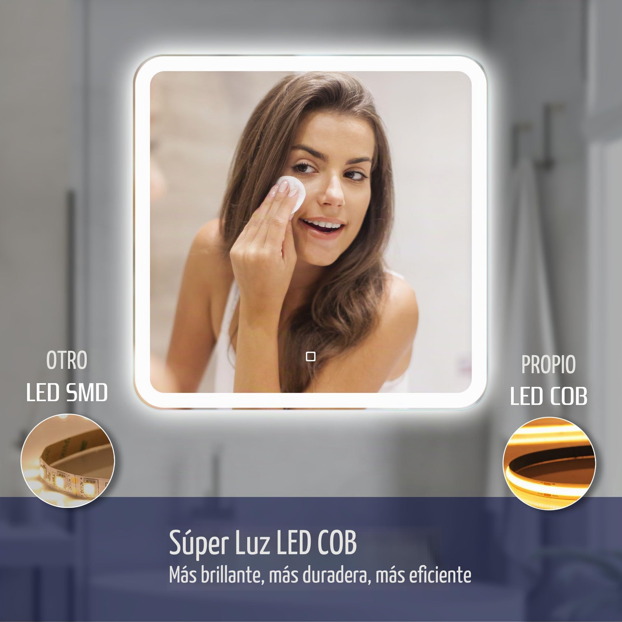 60x60 cm Espejo de Baño Cuadrado con Luces LED Espejo de Baño Iluminado Espejo de Tocador Esquinas Redondeadas Cuadrado con Luz LED Frontal en Blanco Natural