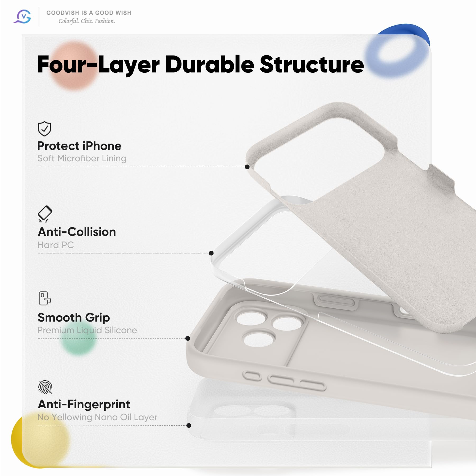 GOODVISH Silicone Cover per iPhone 17 Pro 6.3", Custodia con 2x Vetro Temperato [Pulsante Controllo Fotocamera] 360° Protezione Anticaduta Case per Cellulare Antiurto Resistente, Grigio Pietra