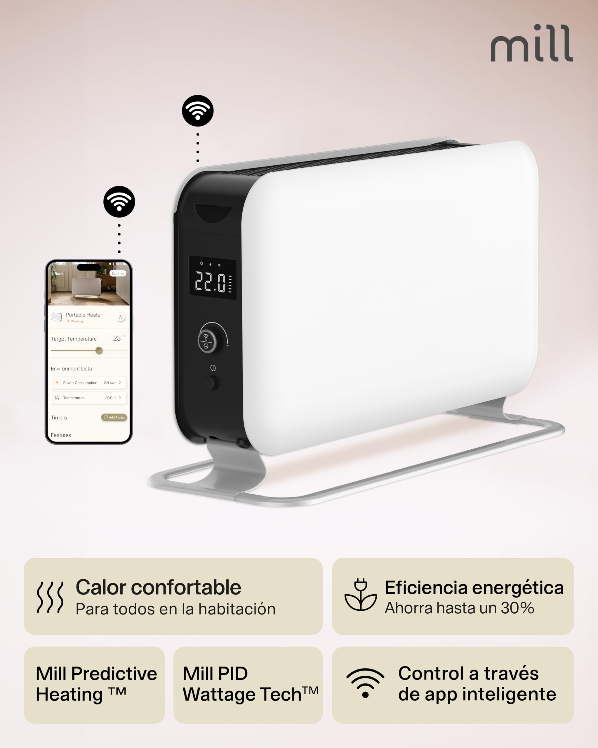 Mill WiFi Max Calefactor Portátil 1500W, Calefactor Eléctrico Inteligente con App, Calefactor para Baño 18-22 m², Radiador Eléctrico WiFi de Bajo Consumo para el Hogar, Silencioso