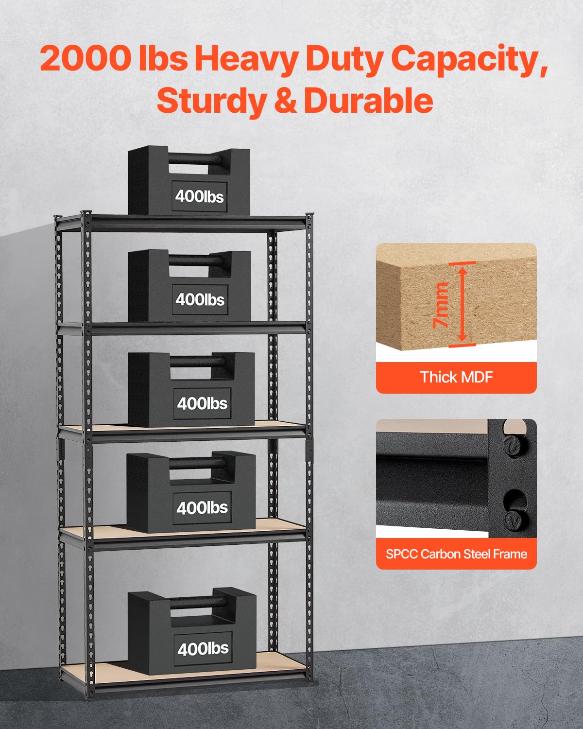 VEVOR Steckregal, 907 kg, 5-stufiges Garagen-Lagerregal, 406x914x1813 mm, Schwerlastregal, Werkstattregal, Metallregale für Garagenregale, Allzweckregal, ideal für Küche, Lager, Keller, schwarz