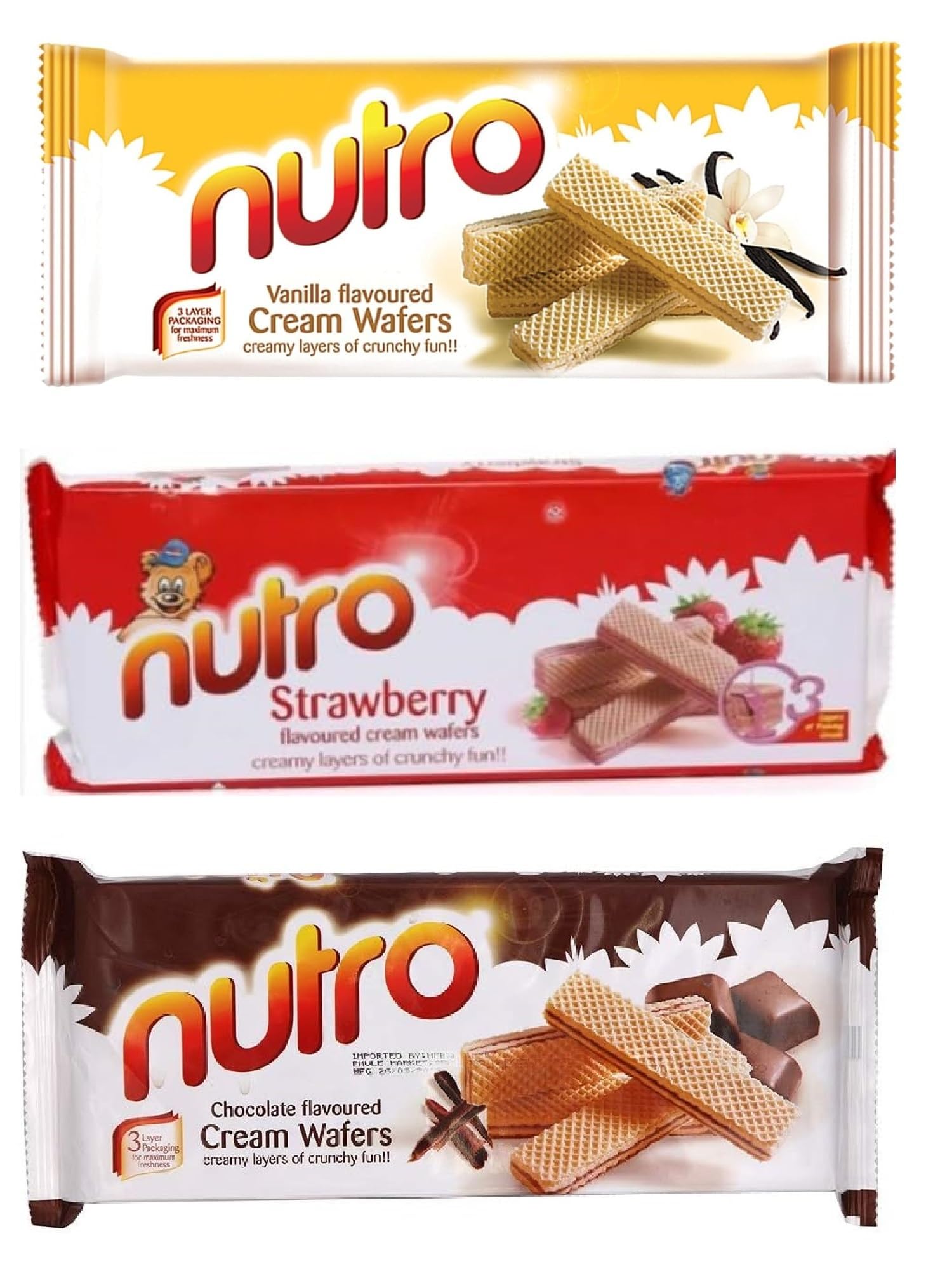 Nutro Cream Wafers Variety Pack, Vanilla, Strawberry and Chocolate Flavoured, 3 Layer Cream Each 150g X Pack Of 3 (From UAE)-image-43