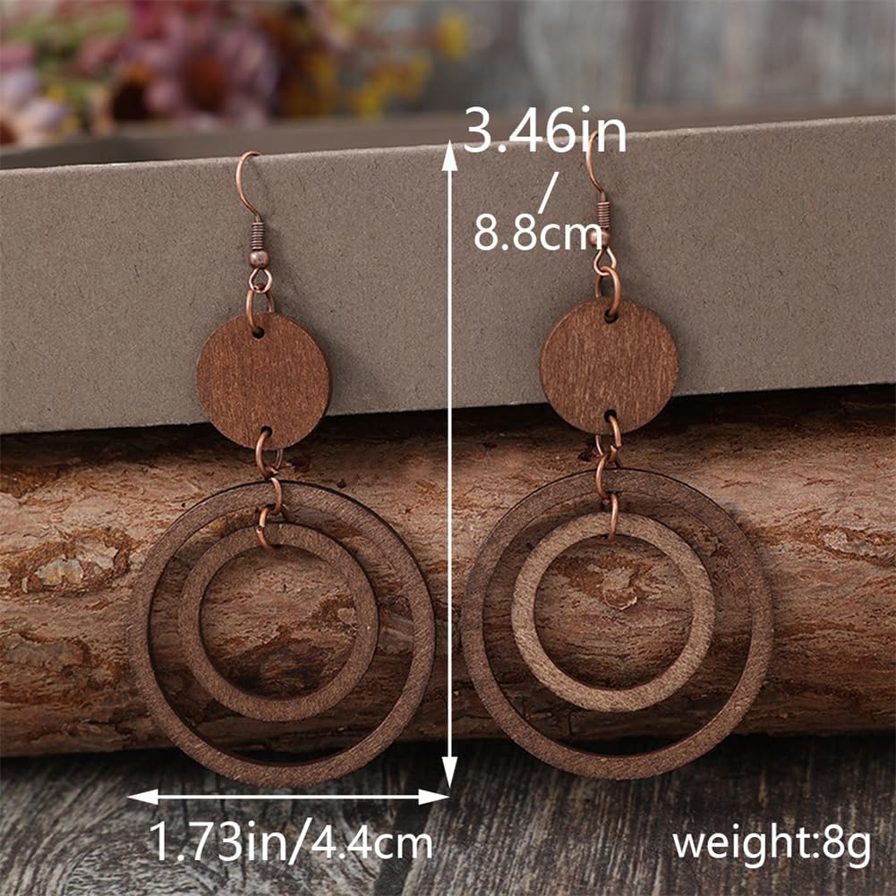 Wooden Round Earrings Handmade Lightweight Vintage Bohemian Dangle Drop Earrings for Women Jewelry Gifts - Image 2