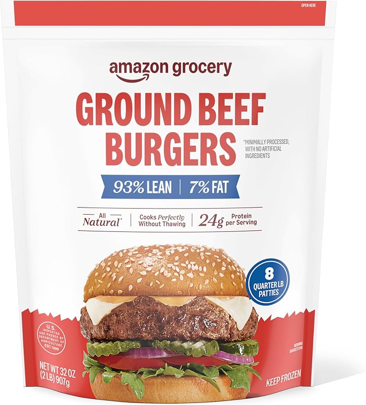 Amazon Grocery, Ground Beef Burgers, 93% Lean, 7% Fat, 32 oz, 8 ct, Frozen (Previously Fresh Brand, Packaging May Vary)