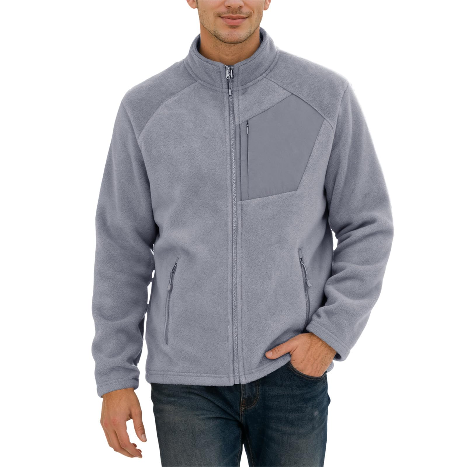 Veste polaire chaude pour homme - Couleur unie - Col montant - Veste d'extérieur avec doublure en polaire - Fermeture éclair intégrale - Veste de sport avec poche zippée - Tissu peluche