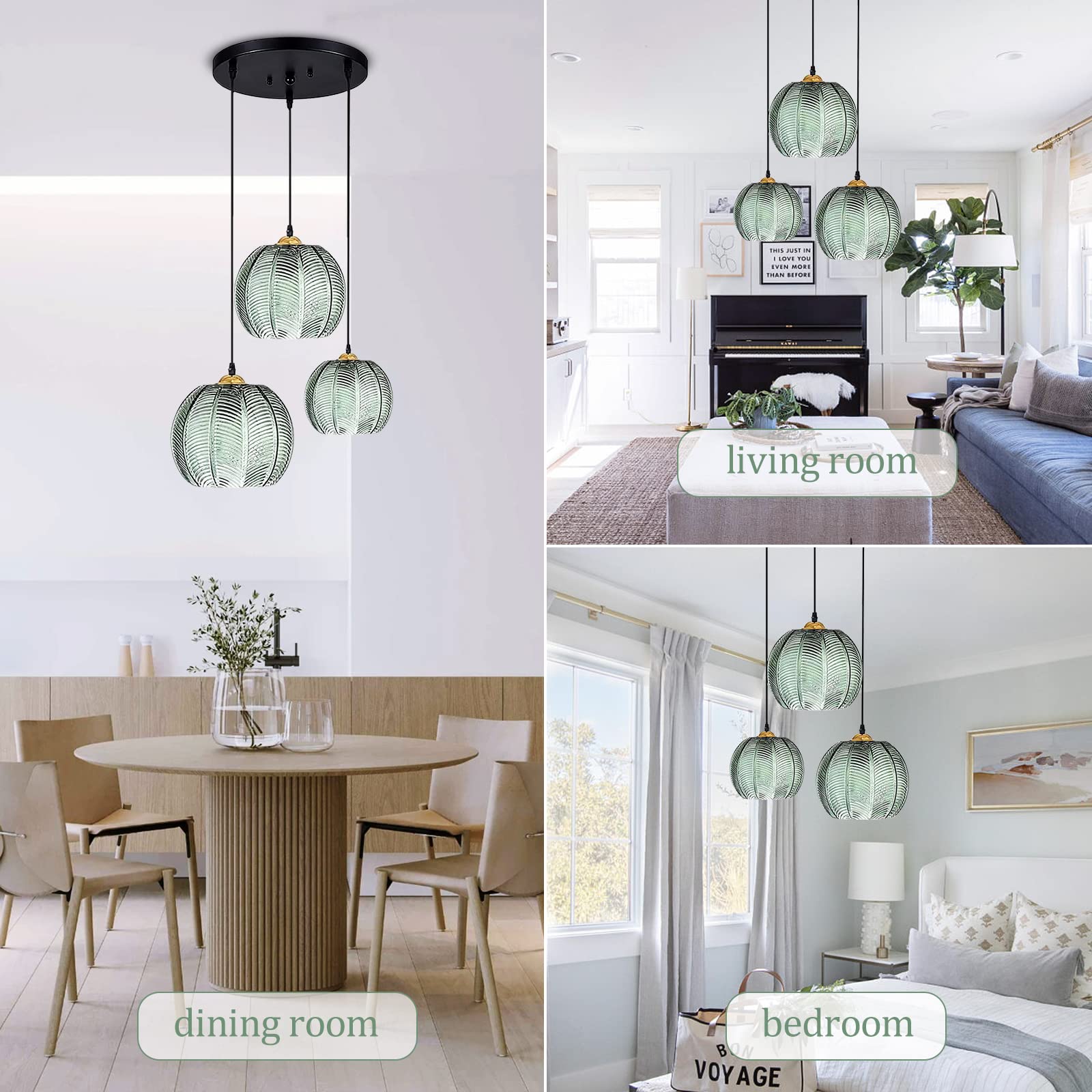 Zielona szklana lampa wisząca, 3 światła żyrandole artystyczne Nowoczesne oświetlenie Vintage zielone szklane wiszące żyrandole do kuchni wyspa sypialnia
