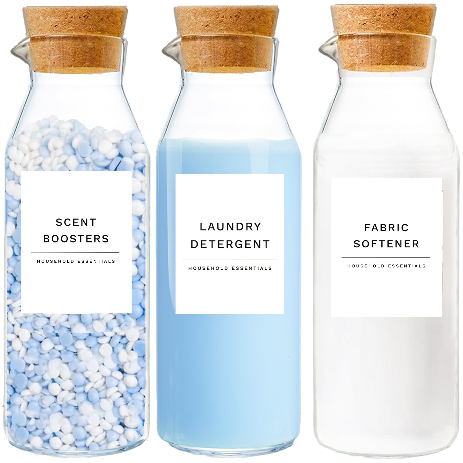 KOSKIMER 3 Pack Glass Laundry Detergent Dispenser with Cork Lids, Fabric Softener Dispenser, Easy Pour for Laundry Room Organization and Storage