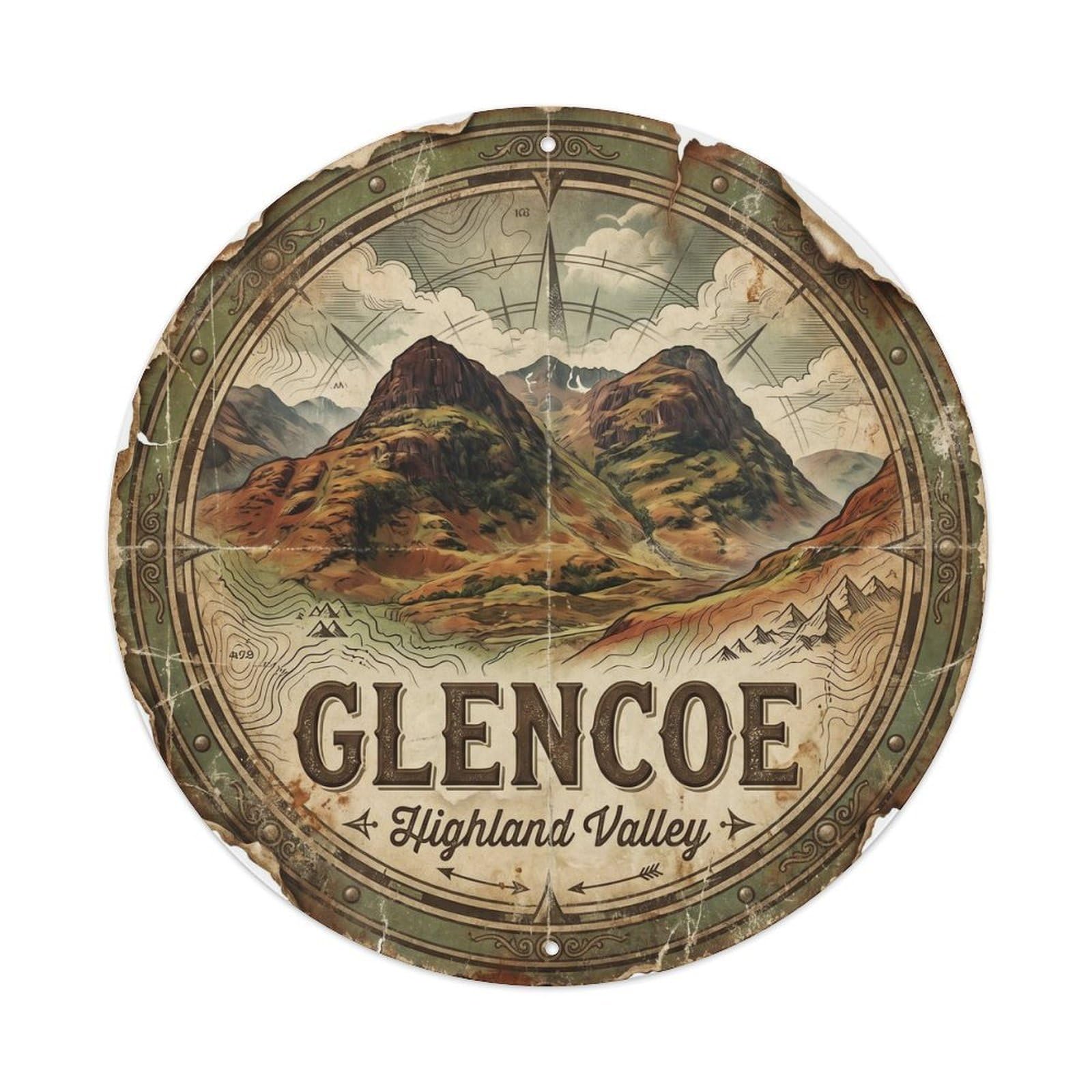 Cmhok Vintage Style-19 Vintage Travel Glencoe Highlands Scotland Artwork Metal Tin Sign Plaque Wall Decor For Cafe, Club, Garden Round Metal Poster 8X8inch