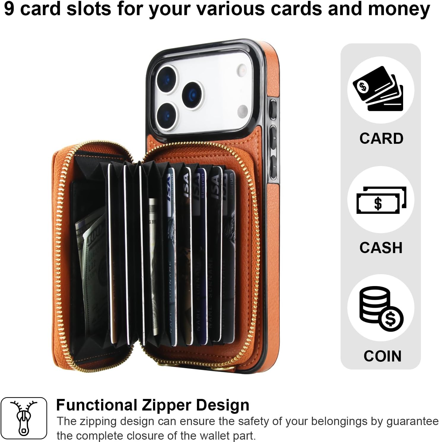 Bocasal Crossbody Wallet Case for iPhone 17 Pro Max, RFID Blocking Leather Purse Case with Card Holder, Protective Handbag Flip Cover with Zipper Wrist Strap Lanyard for Women 5G 6.9 Inch (Brown) - Image 3