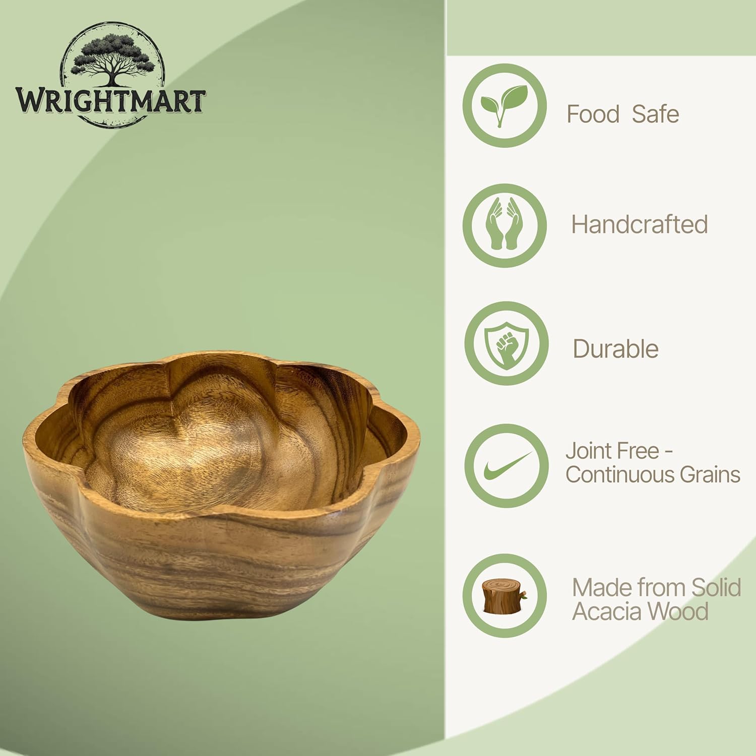 Round Wooden Serving Bowl, Circular Scalloped Shape, Hand Carved Acacia Wood Bowl for Food, Salad, Fruit, Popcorn, Decorative Display, for the Dining Table and Kitchen, 10" x 4.5"