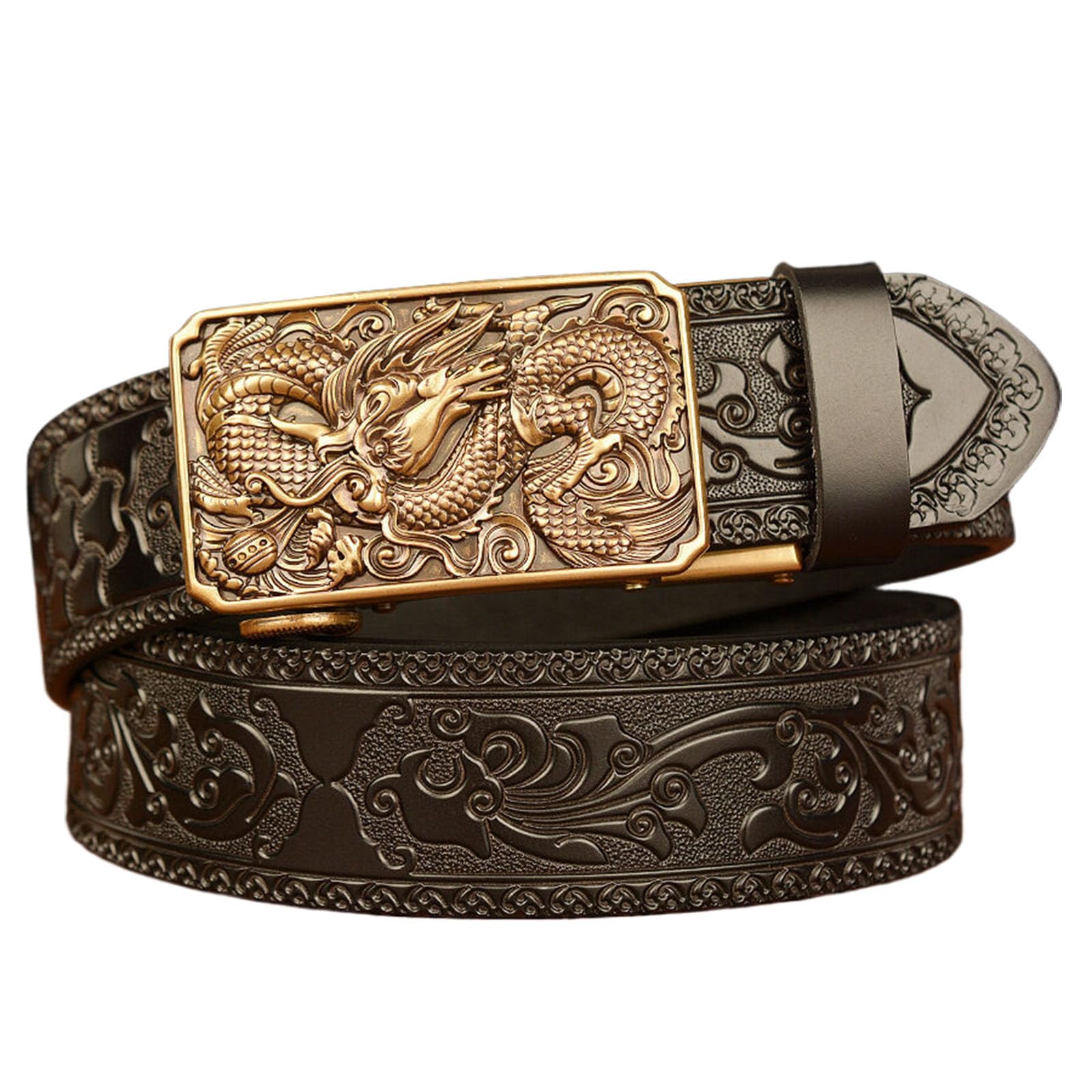 Wrjahcg Unisex Black A Men's Belts, Western Cowboy Ratchet Belt For Men With Dragon Pattern Alloy Square Buckle Embossed Belt,,115Cm/45.3''