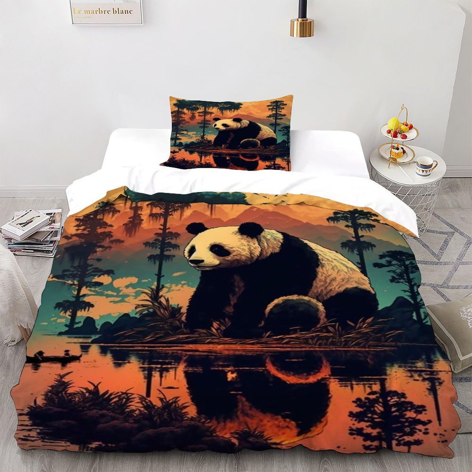 Housse de couette panda 3D 135x200cm avec taie d'oreiller pour un lit simple enfant