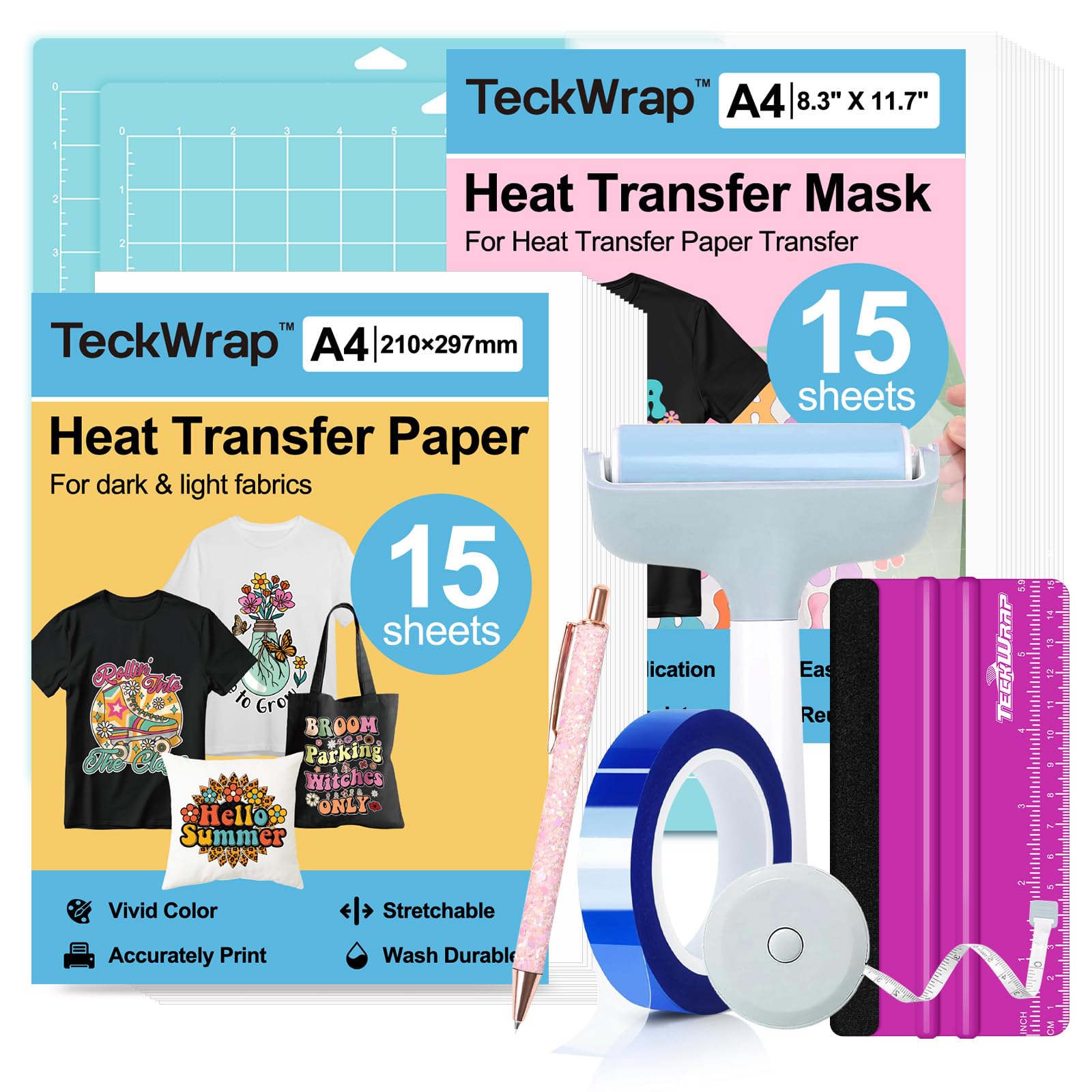 TECKWRAP Printable Heat Transfer Paper for T-Shirts 8.3" X 11.7" 15PCS Heat Transfer Vinyl for Inkjet Printer with Heat Transfer Mask 15PCS HTV Iron