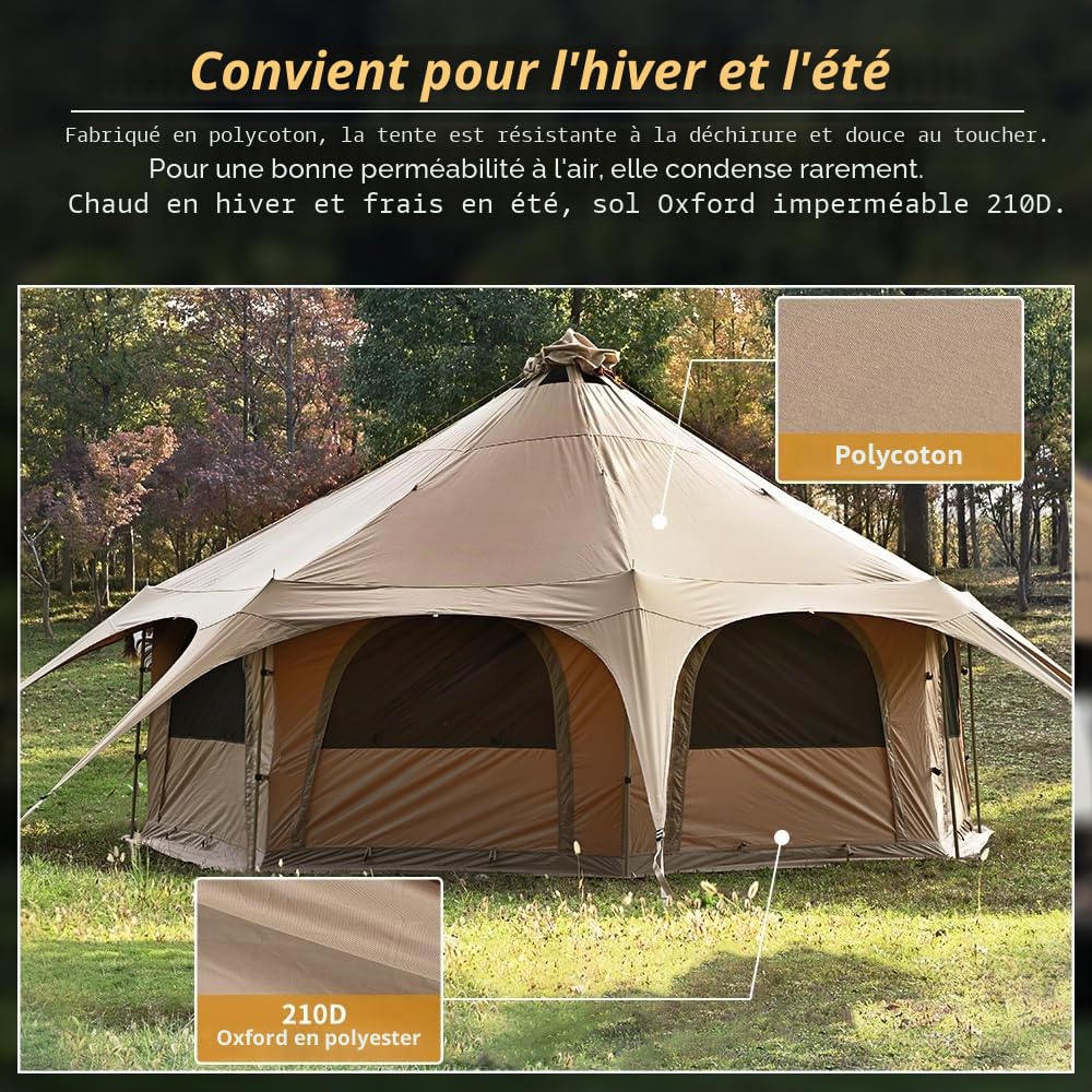 TOMOUNT Tipi Tente en coton 6-8 personnes Tente pyramide yourte pour grandes familles Tente glamping pour camping, randonnée, festival, fêtes, mariage, fête musicale