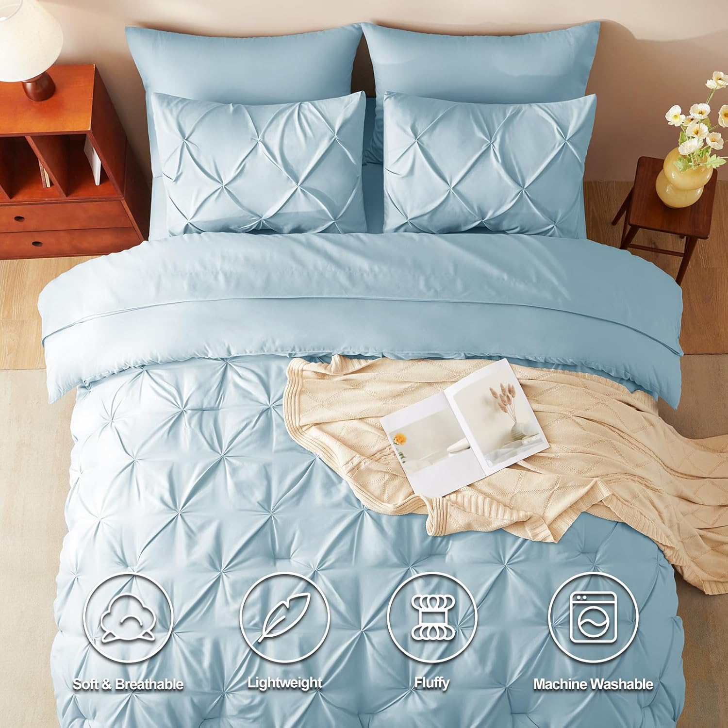 CozyLux Full Size Comforter Sets Light Blue, 7 Pieces Pintuck Bed in A Bag Blue Comforter Full Size, Pinch Pleat Bedding Sets with All Season Comforter, Sheets, Pillowcases & Shams - Image 2