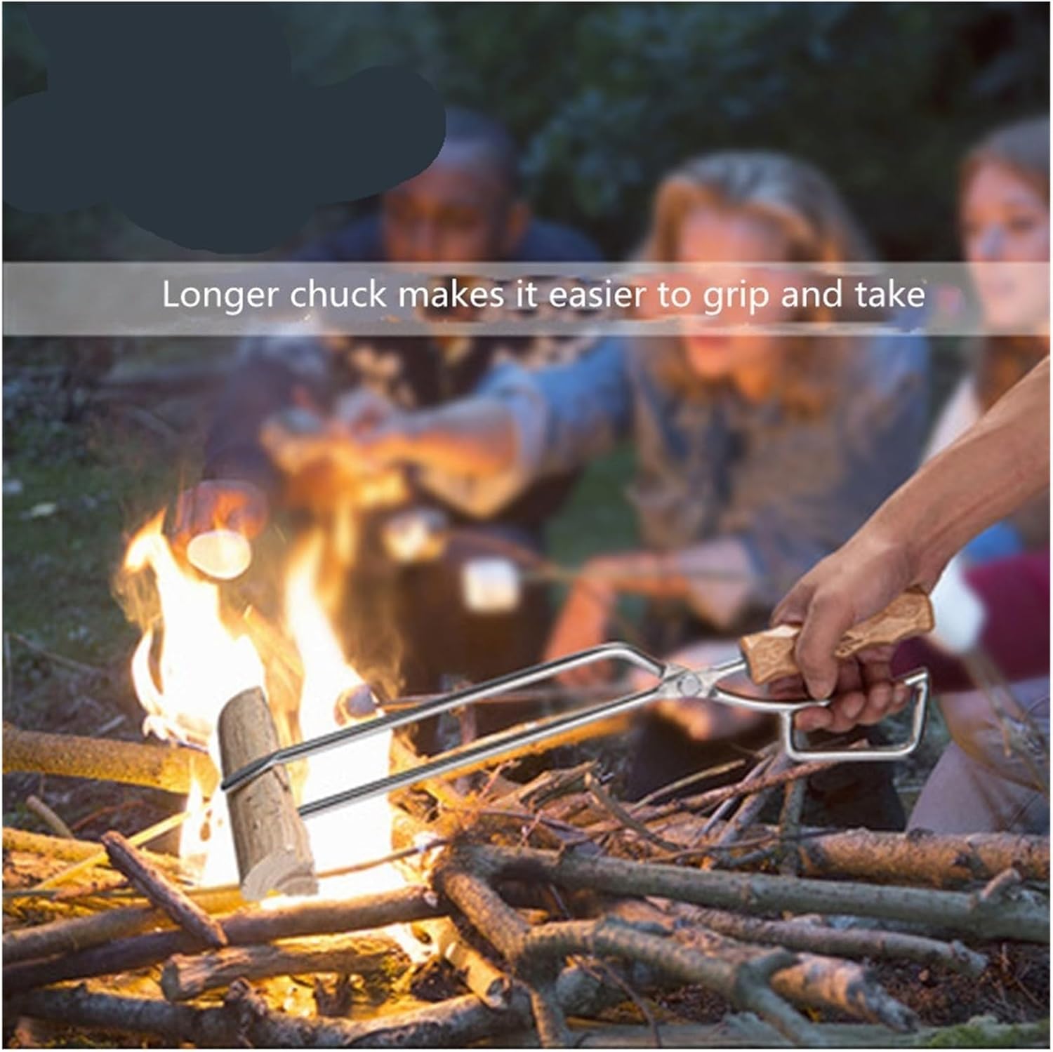 Stainless Steel Fire TongsWood Carbon Clamp Duckbill Solid Beech Wood Grip Tongs for Fire Pit Bonfire Campfire Outdoor Indoor