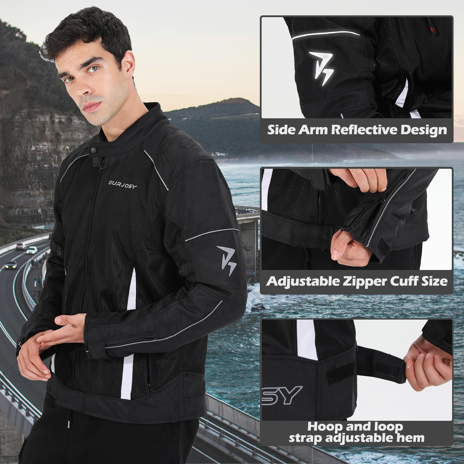 Chaqueta de moto de Verano para Hombre con Protectores, Chaqueta de Motocicleta de Malla Transpirable Reflectante Ligera