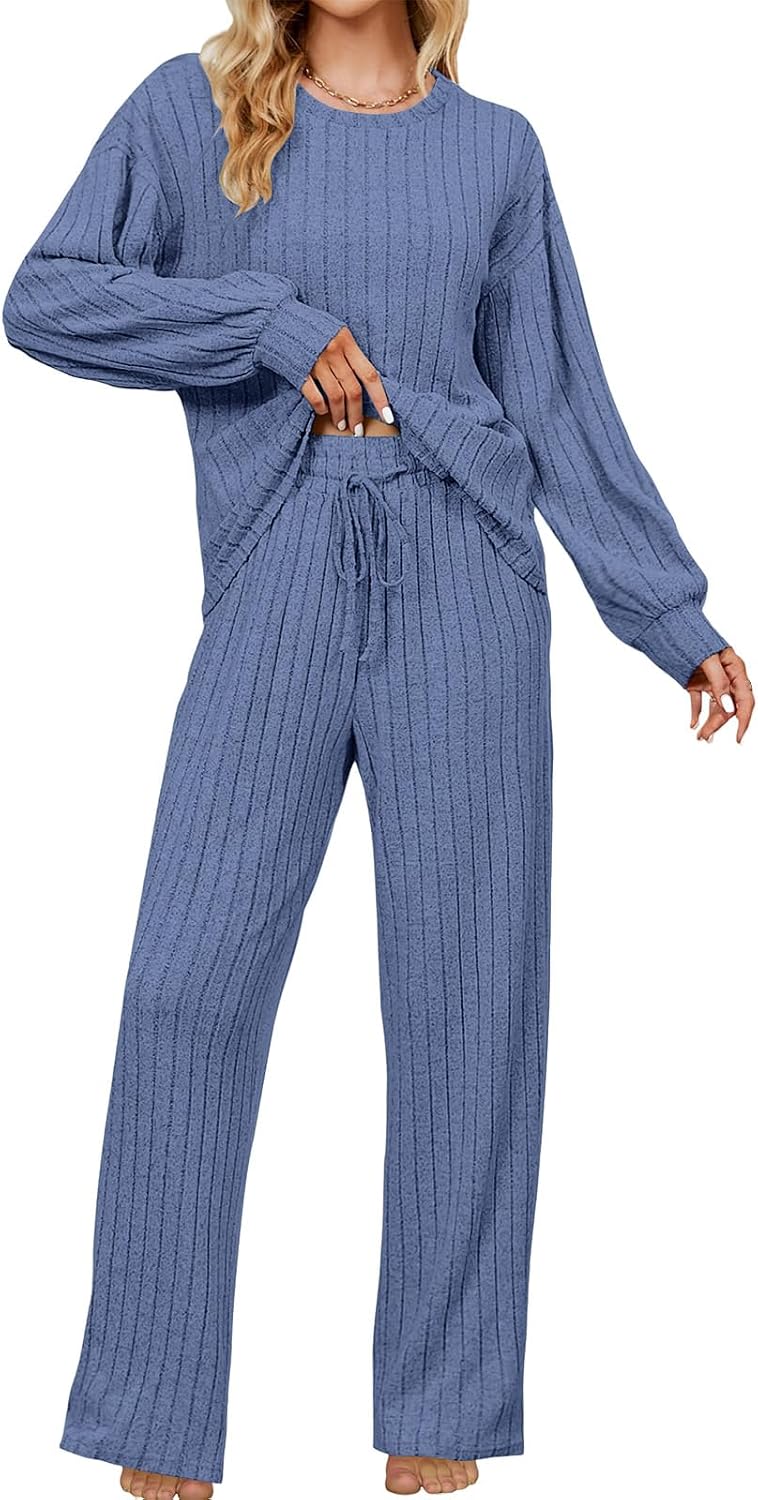 Pajamas for Women Set 2 Piece Ribbed Knit Sweater Lounge Sets Long Sleeve Tops Wide Leg Pants Soft Sleep Wear Pj Sets